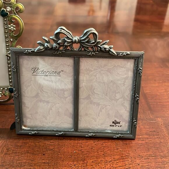 Victorian Bow Pewter Shade Double Photo Frame 2x 3 - Picture 4 of 9
